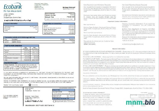 Burkina Faso Bank Ecobank wyciąg z kredytu hipotecznego, 2 strony, 1-2